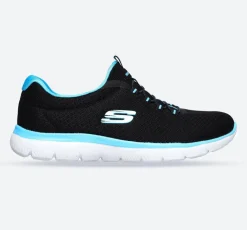 Women's Wide Fit Skechers 12980 Summits Slip On Sports Trainers - Black/Turquoise
