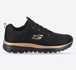 Women's Wide Fit Skechers 12615 Graceful Get Connected Sports Trainers - Black/Rose Gold