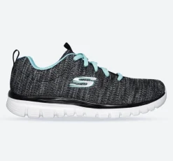Women's Wide Fit Skechers 12614 Graceful Twisted Fortune Trainers - Black/Turquoise