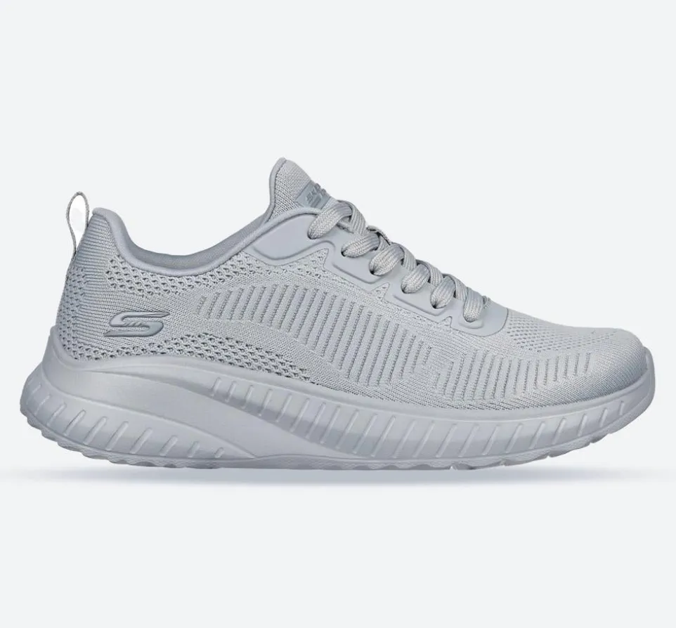 Women's Wide Fit Skechers Bobs Squad Chaos Face Off 117209 Vegan Trainers - Light Grey