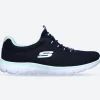 Women's Wide Fit Skechers 12980 Summits Slip On Sports Trainers - Navy/Aqua