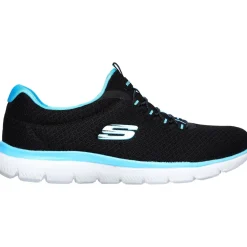 Women's Wide Fit Skechers 12980 Summits Slip On Sports Trainers - Black/Turquoise