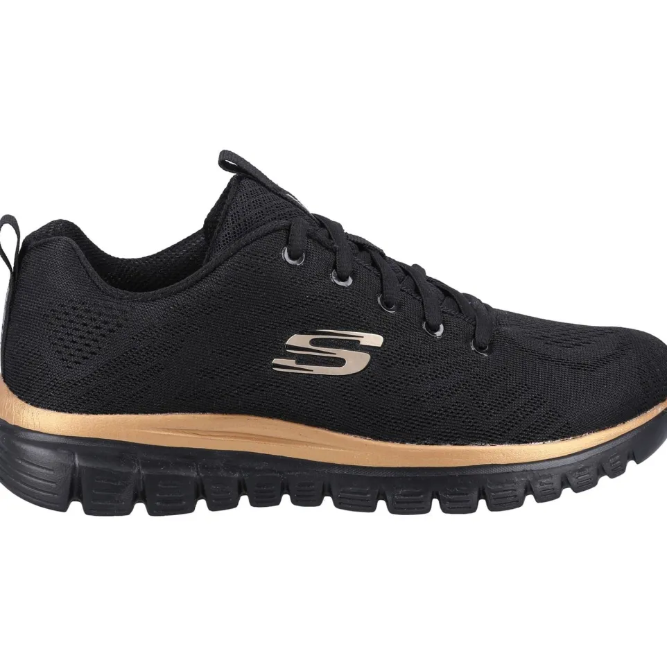 Women's Wide Fit Skechers 12615 Graceful Get Connected Sports Trainers - Black/Rose Gold
