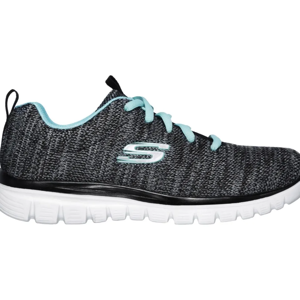 Women's Wide Fit Skechers 12614 Graceful Twisted Fortune Trainers - Black/Turquoise