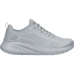 Women's Wide Fit Skechers Bobs Squad Chaos Face Off 117209 Vegan Trainers - Light Grey