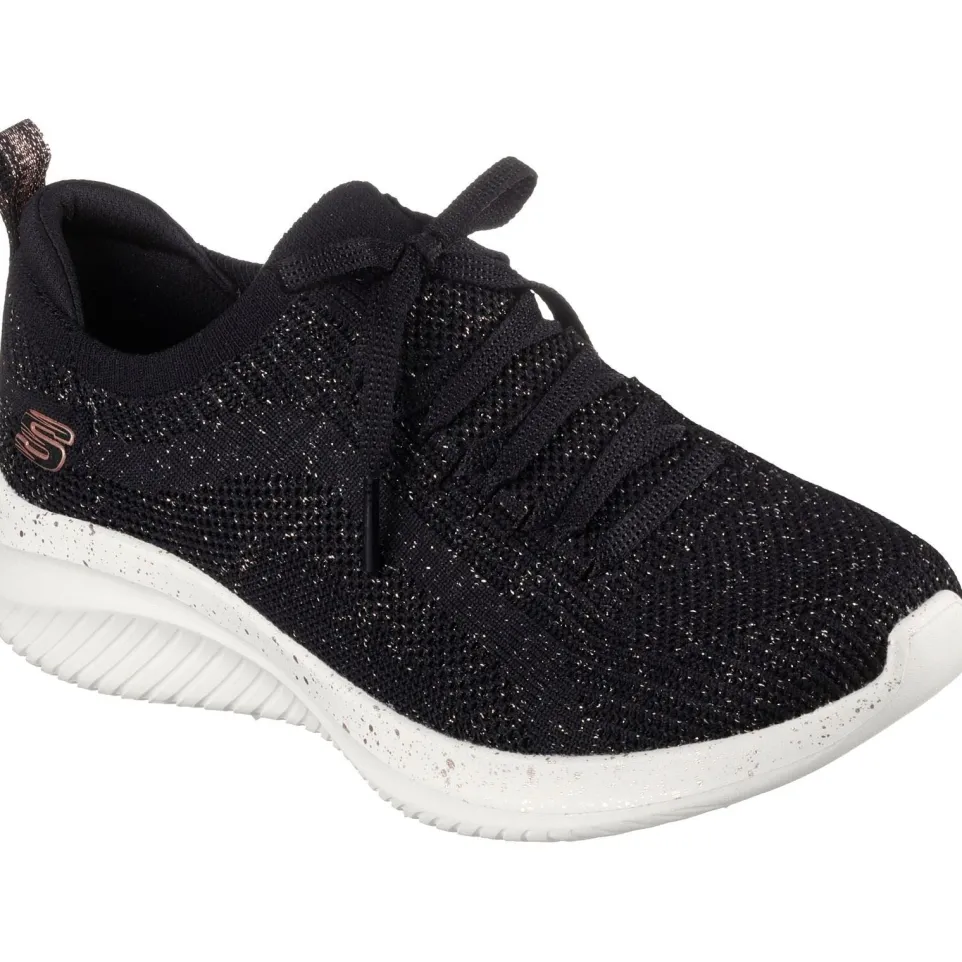 Women's Wide Fit Skechers 149865 Ultra Flex 3.0 Let's Dance Trainers - Black/Rose Gold