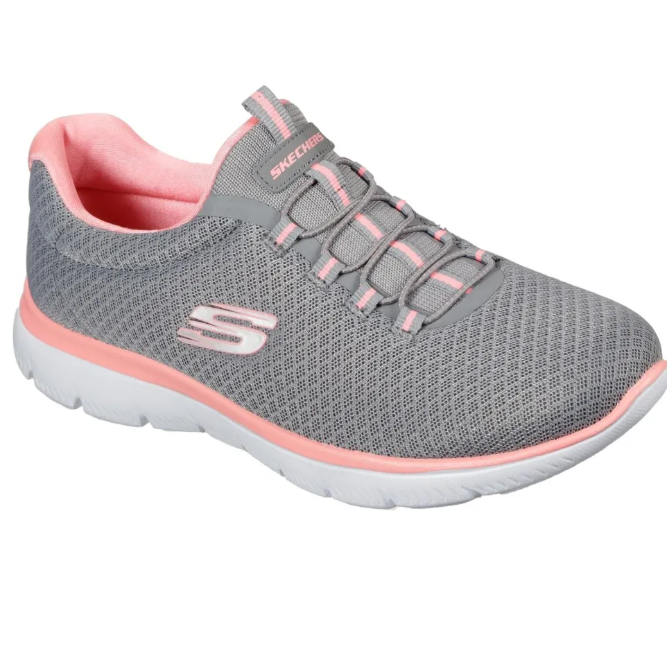 Women's Wide Fit Skechers 12980 Summits Slip On Sports Trainers - Grey/Pink
