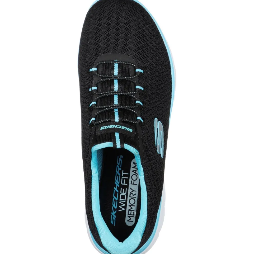 Women's Wide Fit Skechers 12980 Summits Slip On Sports Trainers - Black/Turquoise