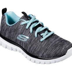 Women's Wide Fit Skechers 12614 Graceful Twisted Fortune Trainers - Black/Turquoise