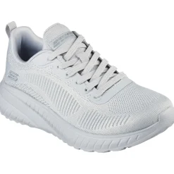 Women's Wide Fit Skechers Bobs Squad Chaos Face Off 117209 Vegan Trainers - Light Grey