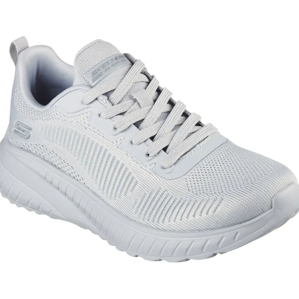 Women's Wide Fit Skechers Bobs Squad Chaos Face Off 117209 Vegan Trainers - Light Grey