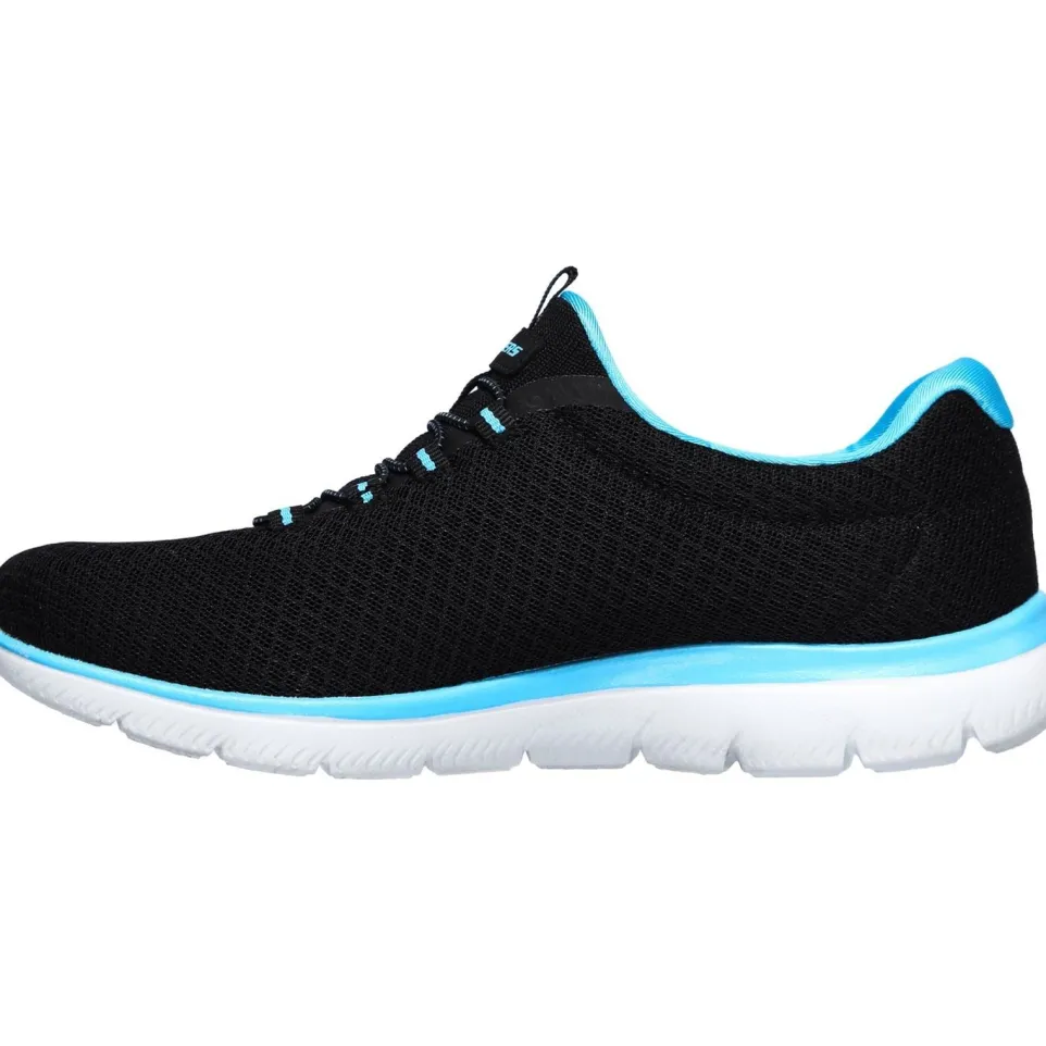 Women's Wide Fit Skechers 12980 Summits Slip On Sports Trainers - Black/Turquoise