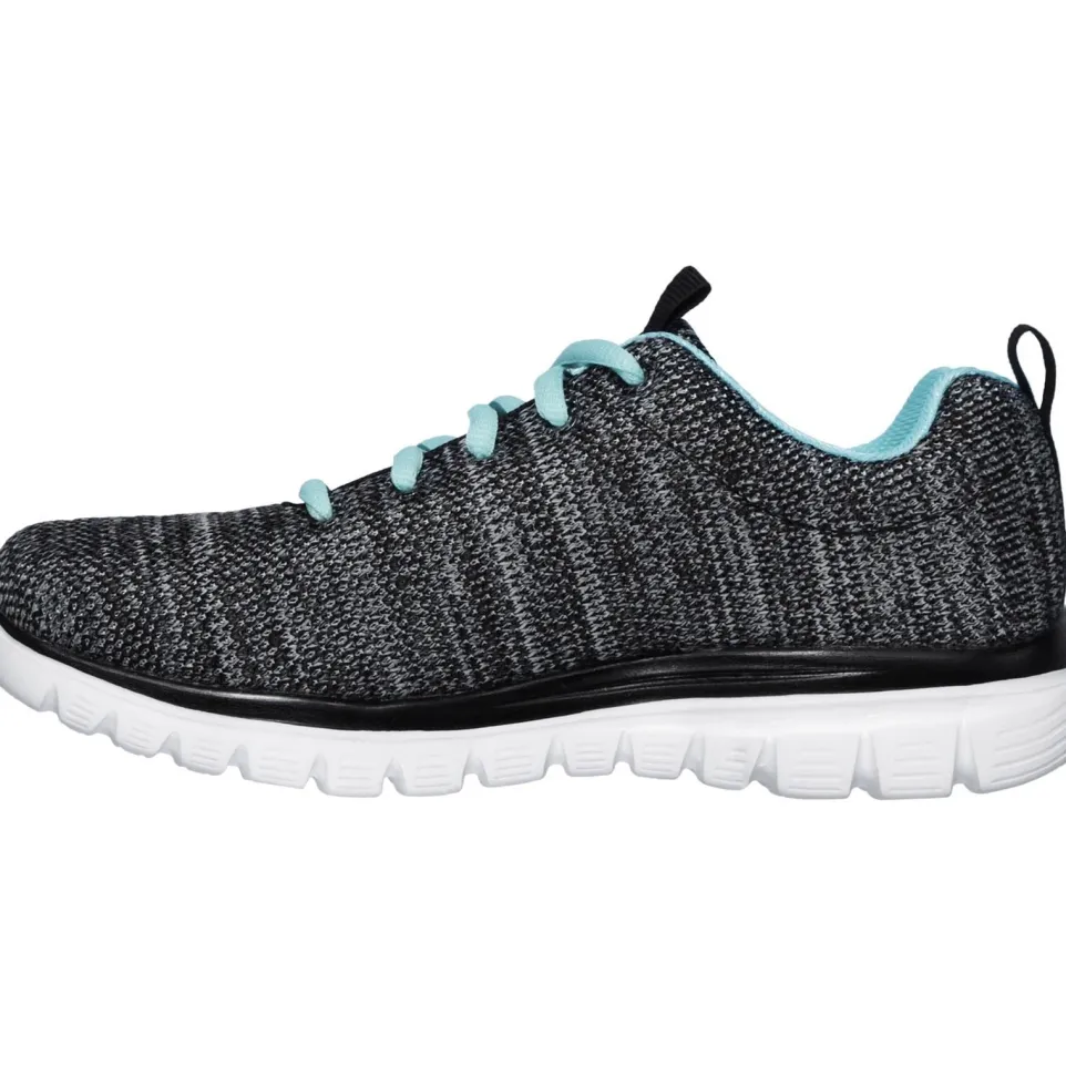 Women's Wide Fit Skechers 12614 Graceful Twisted Fortune Trainers - Black/Turquoise